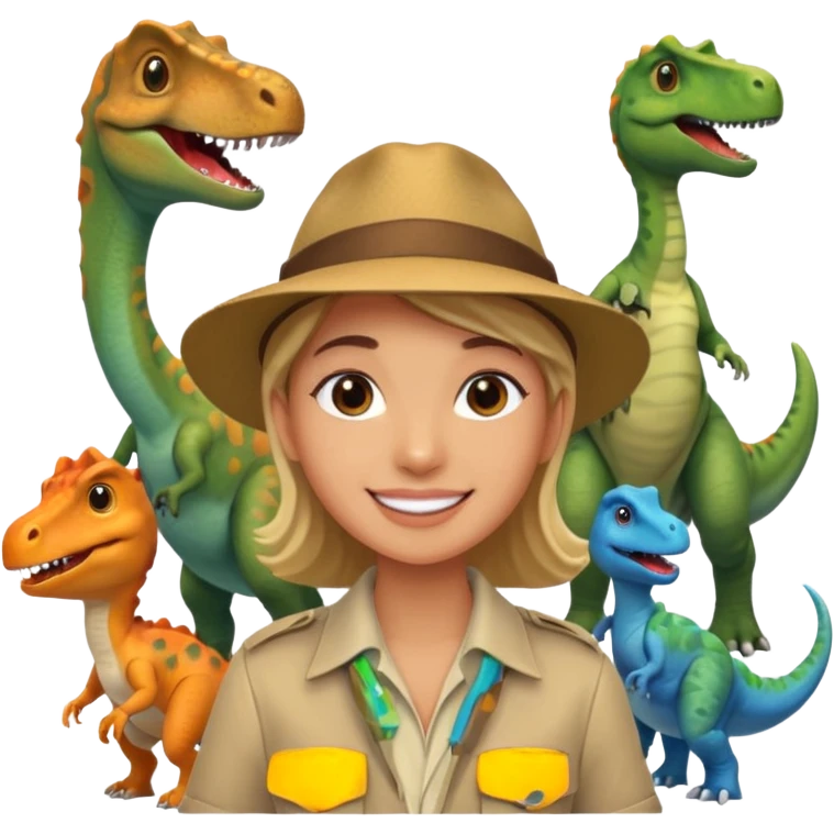 A human living with the dinosaurs and taking a selfie with them emoji