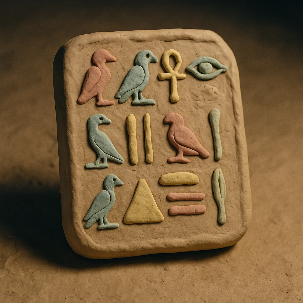 a clay tablet with ancient Egyptian hieroglyphics, matte clay look, pastel colors, visible fingerprints emoji