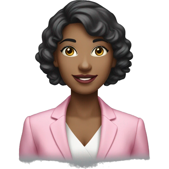 A woman in a standing position, her appearance can be described by the following characteristics: black hair to the shoulders, slightly curly, blue eyes, a beautiful smile and pink gloss on her lips. She is dressed in a formal pink strict suit emoji