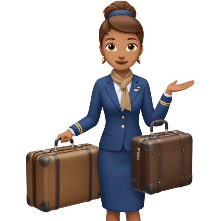 flight attendant, Light Brown skin, brown hair in single bun, neck scarf, suitcase emoji