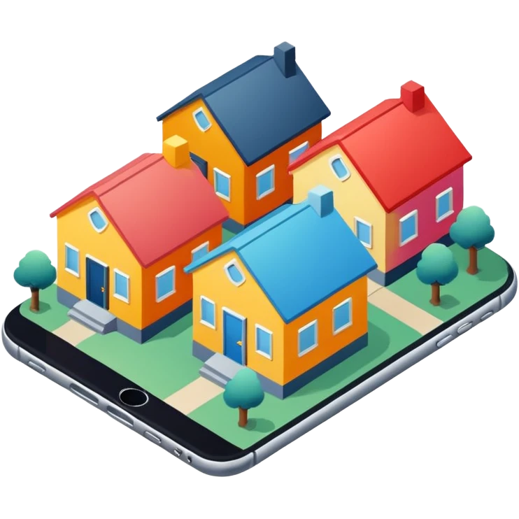 group of 3 houses representing neighborhood isometric houses on transparent background iphone like emoji