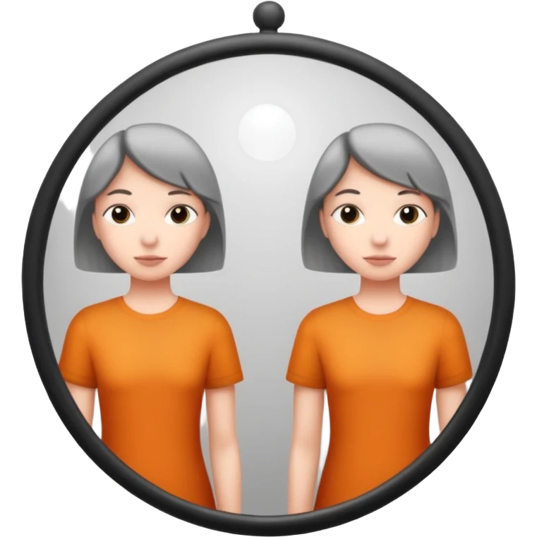 Minimalist emoji-style sticker of a person standing before a mirror, but the reflection is moving differently. Black and gray icon.
 emoji