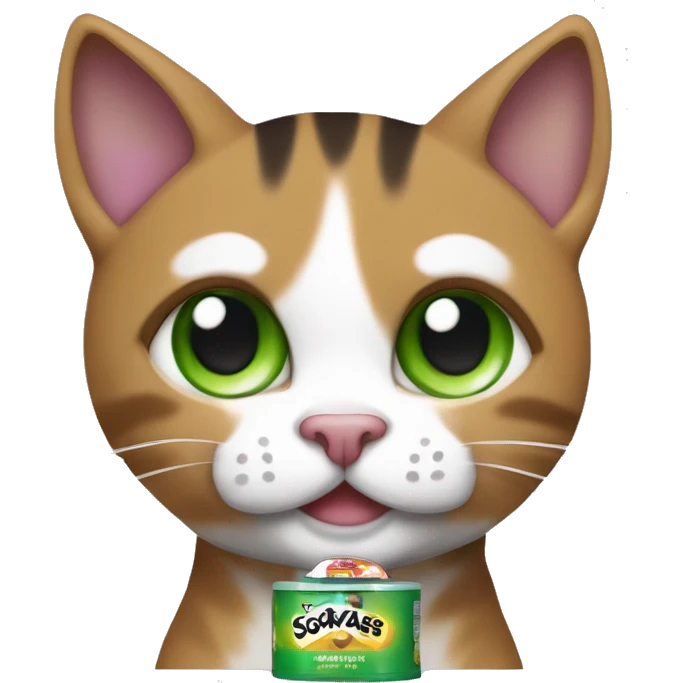 sokoke cat with a white torso and marbeled colors on his face (brown, black and with green eyes) smiling and closing an eye. Holding with a paw a whiskas cat food sachet emoji