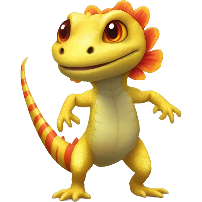 A Yellow Shiny Anthro-Scalie-Lizard-Reptile-Salamander-Fakémon with red stripes and orange frills Full Body emoji