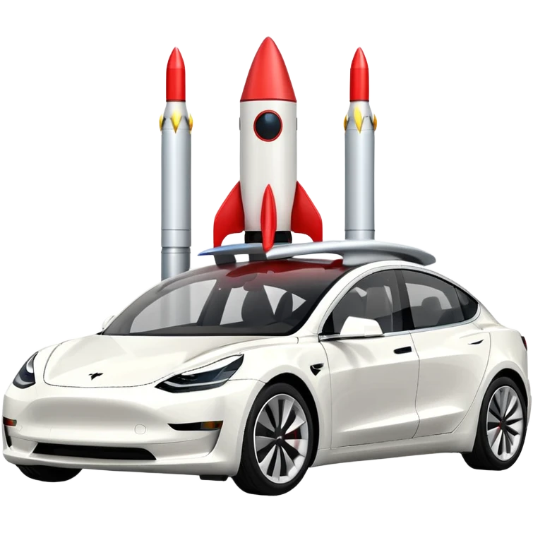 Tesla model 3 white.  Rockets mounted on roof emoji