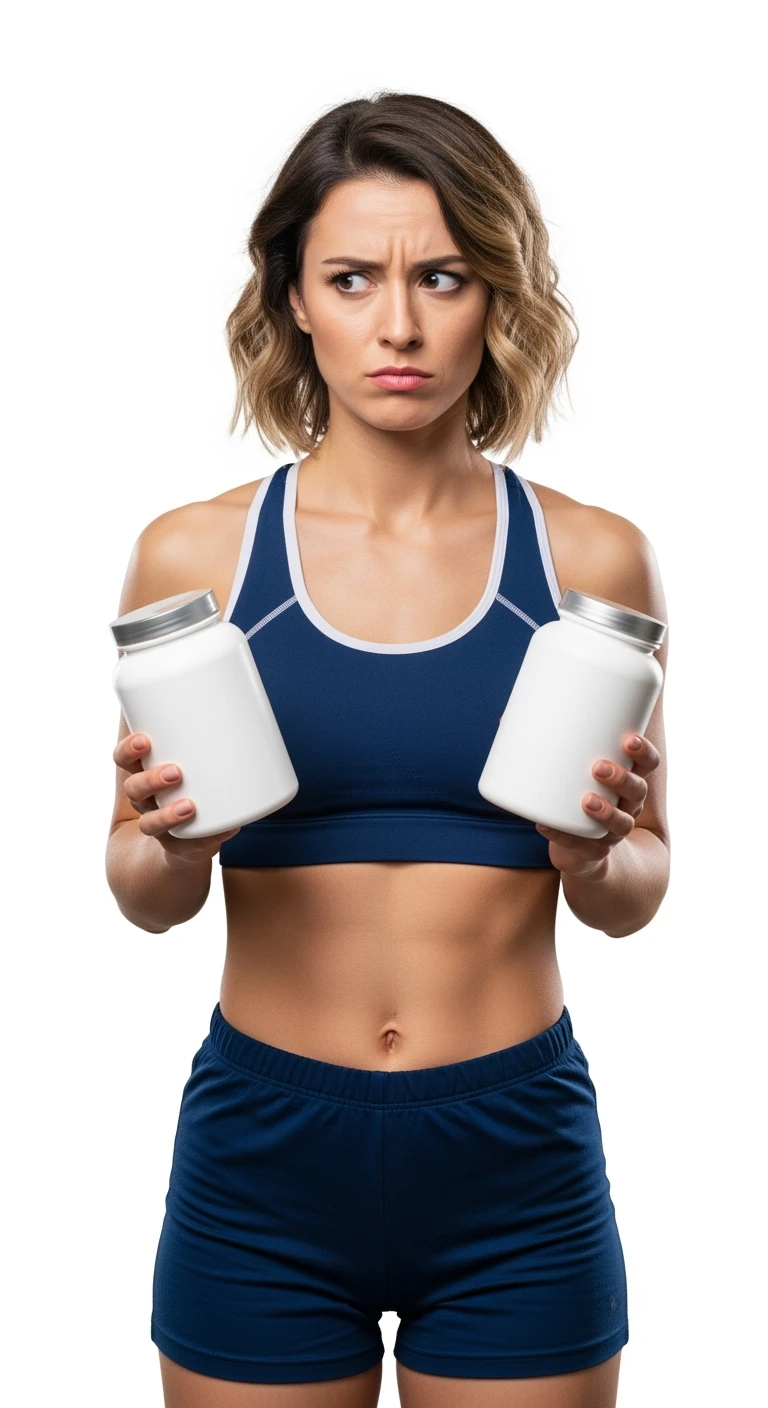 DONNA FITNESS ITALIANA INDECISA TRA DUE  BOCCETTE DI INTEGRATORI BIANCHE CHE HA IN MANO ED ESPRESSIONE DUBBIOSA IN VOLTO, REALISTICA 4K, ISOLATA SU SFONDO BIANCO emoji