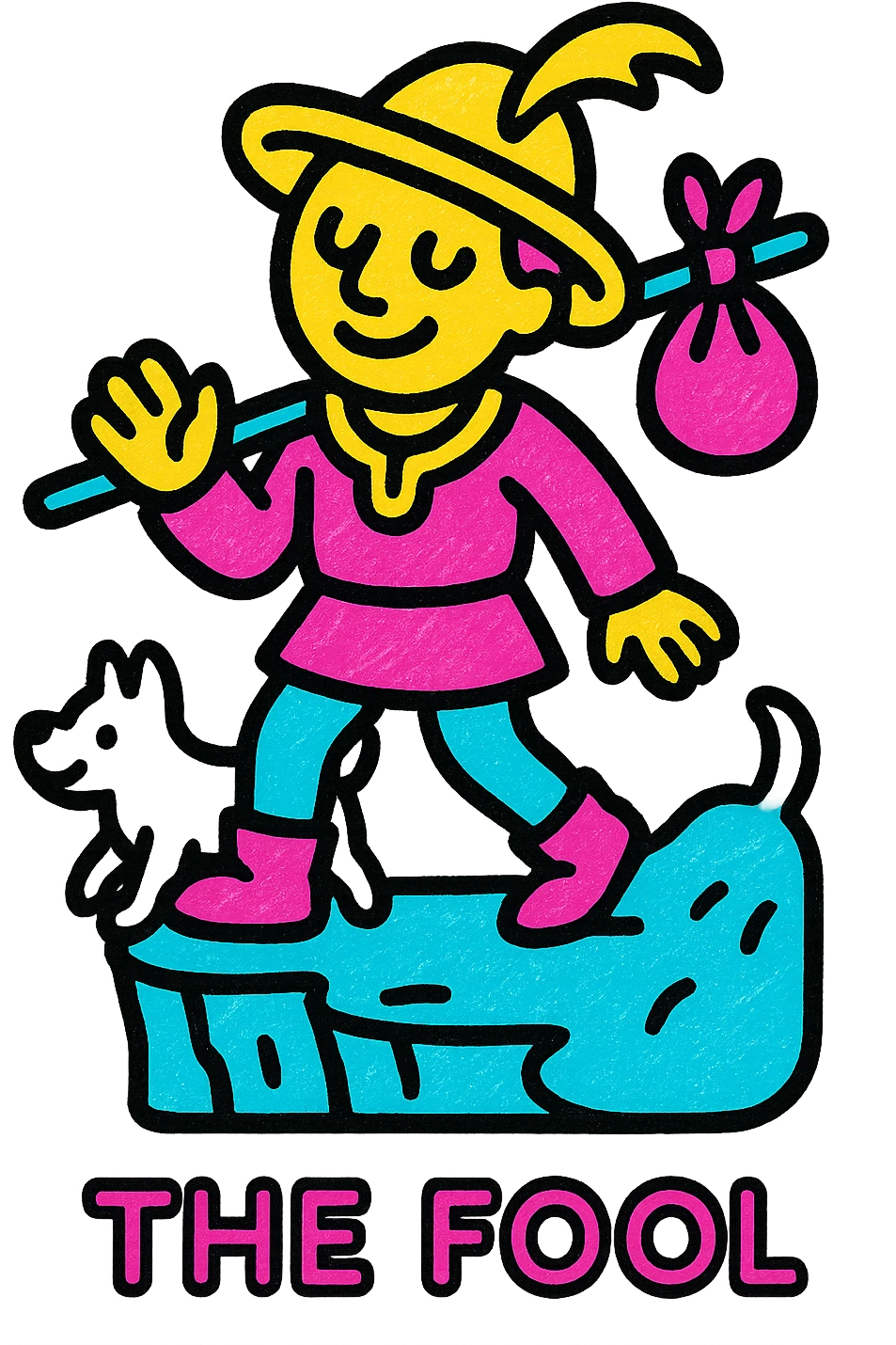 The Fool tarot card emoji, whimsical traveler with a small bag, white dog, cliff, vibrant detailed style emoji