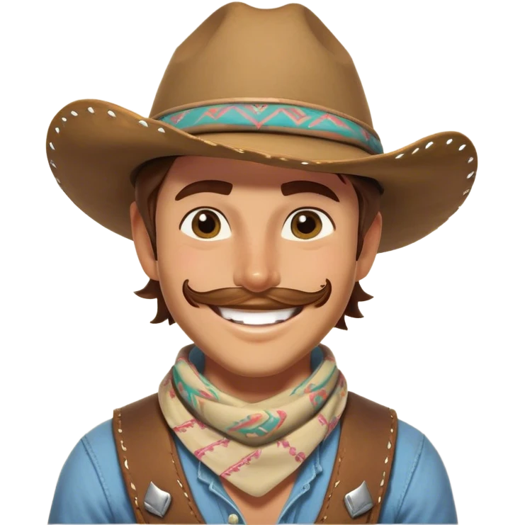 Clash of Clans aesthetic Playful Cowboy Portrait Emoji, Head tilted with a roguish, cheeky grin and twinkling eyes, featuring a compact, charming build with a jaunty hat and a friendly bandana, his natural skin tone adding authenticity, Simplified yet irresistibly charming features, highly detailed, glowing with a warm, inviting western glow, high shine, spirited and lively, stylized with an air of whimsical frontier mischief, soft glowing outline, capturing the essence of a playful cowboy exuding friendly rogue charm! emoji
