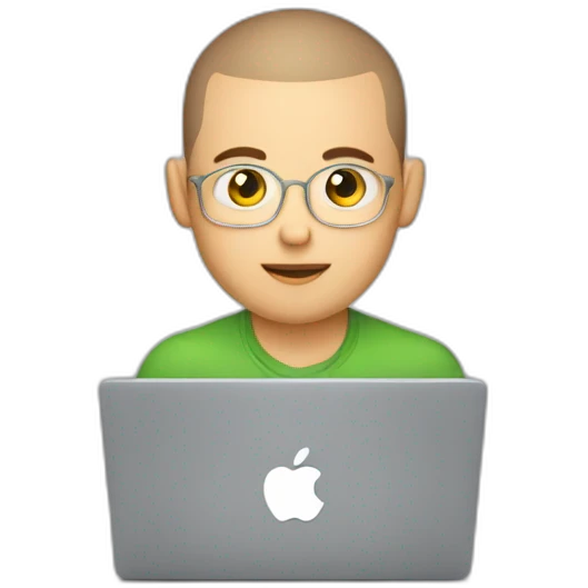 young software engineer buzz cut hair in front of laptop, apple-style emoji