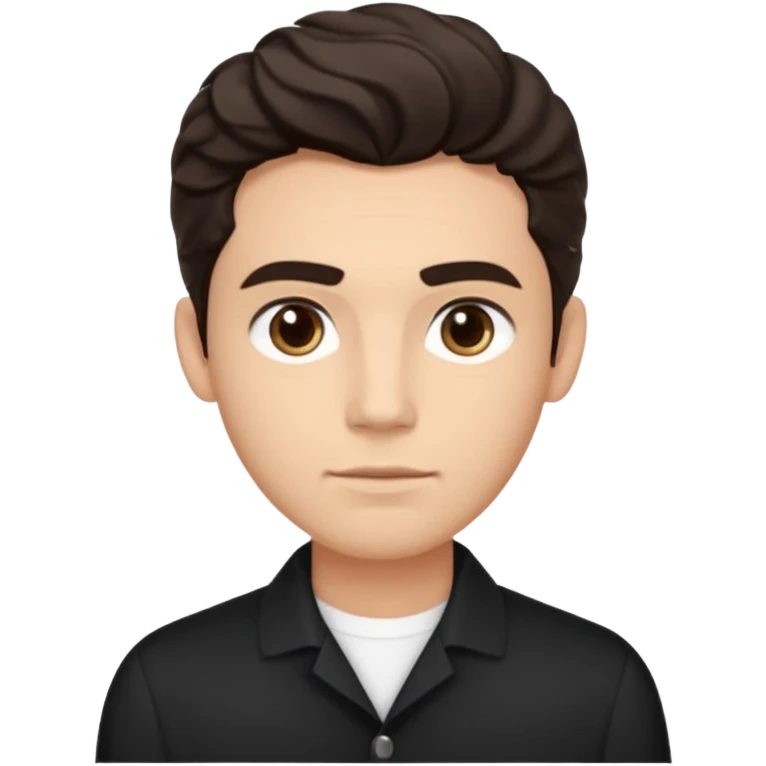 He’s a man with light to medium skin, a defined oval face, full brows, deep-set eyes, and wavy short dark brown tall hair styled with height, sides are trimmed. expression calm and focused relaxed black open-collar .polished, articulate, and coach vibe. emoji