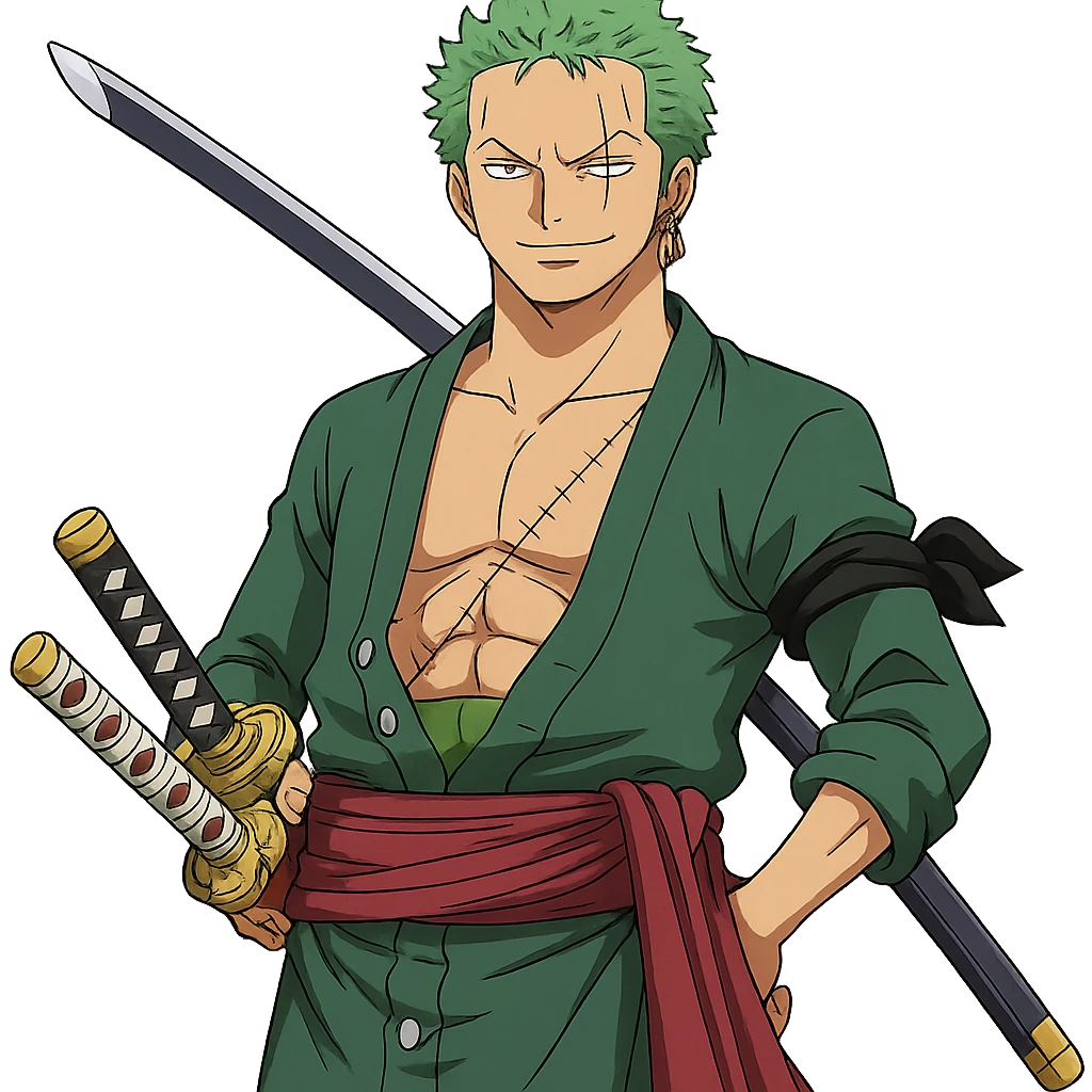 Zoro Roronoa from One Piece, anime style, green hair, three swords, confident expression emoji