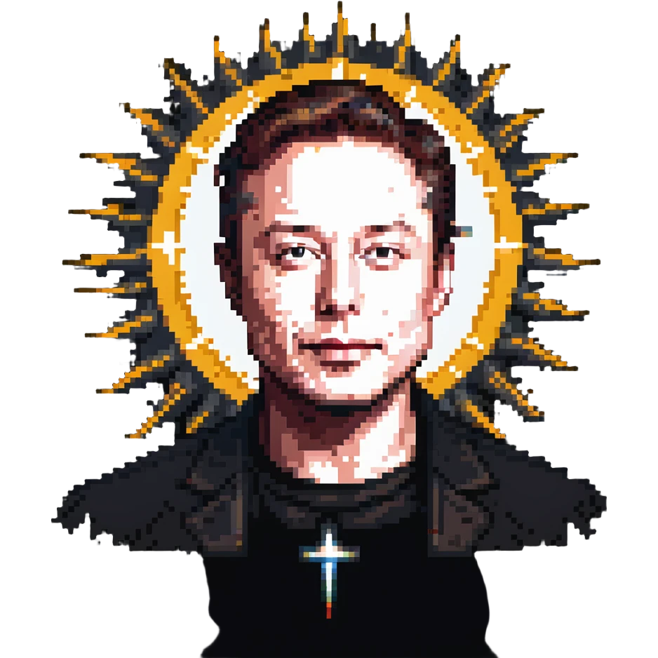 Elon Musk portrait with X symbol and sun rays emoji