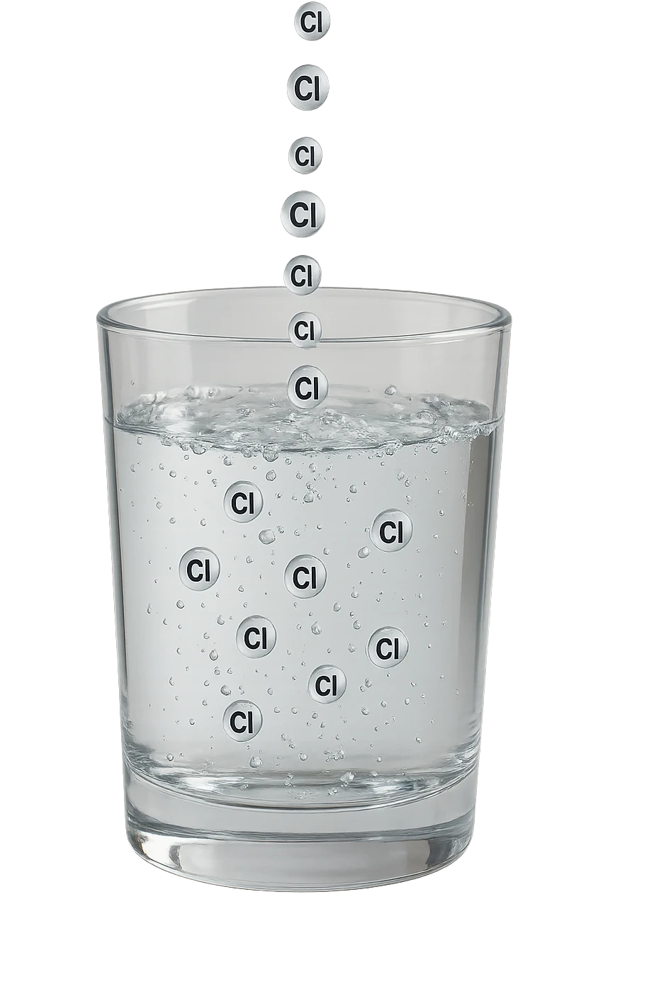 un bicchiere di acqua fluttua in aria realistico e dettagliato, dentro l'acqua del bicchiere ci sono particelle di cloro ben visibili con la scritta "Cl" sopra, ci sono particelle anche che escono dal bicchiere e fluttuan
o in aria verticalmente, mentre alcune sono all'interno dell'acqua nel bicchiere, iperrealistico 4k emoji