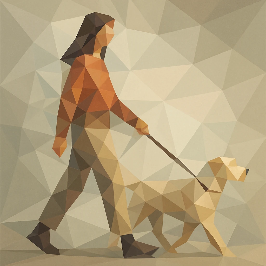 Woman walking a dog with fractured into overlapping cubes and triangles. emoji