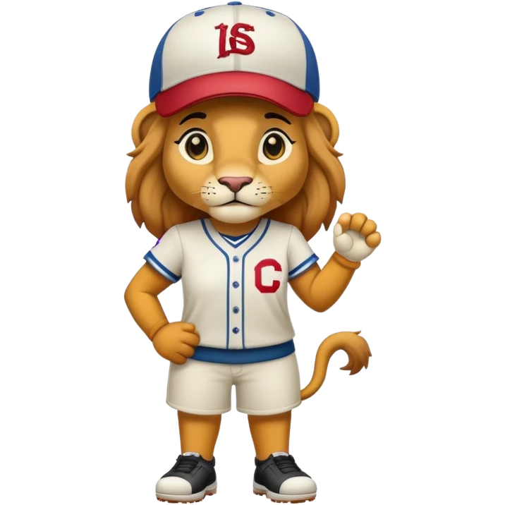 full-body friendly anthropomorphised female lion wearing a baseball cap emoji