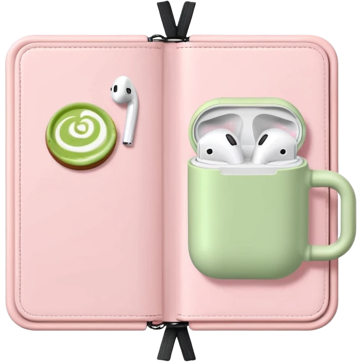 Open pastel pink planner with white AirPods and a cup of matcha latte emoji