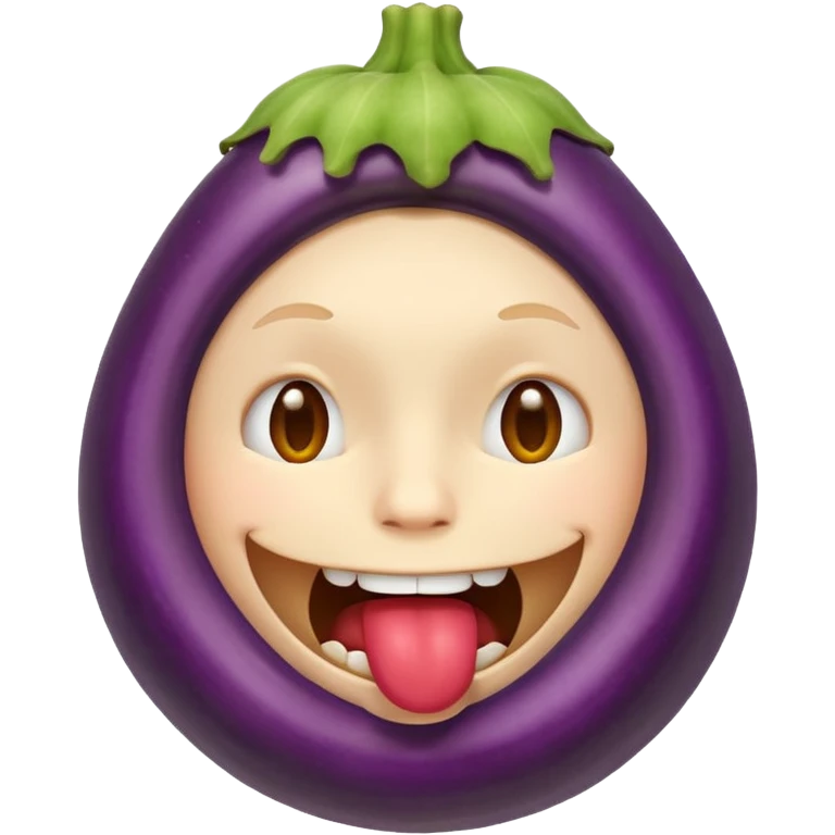 An ashamed, smiling round face emoji with a huge eggplant in mouth. emoji