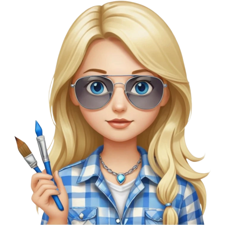 girl with long blond hair, wearing plaid shirt with blue eyes and aviator sunglasses wearing a ring on her silver necklace, holding a paint brush emoji