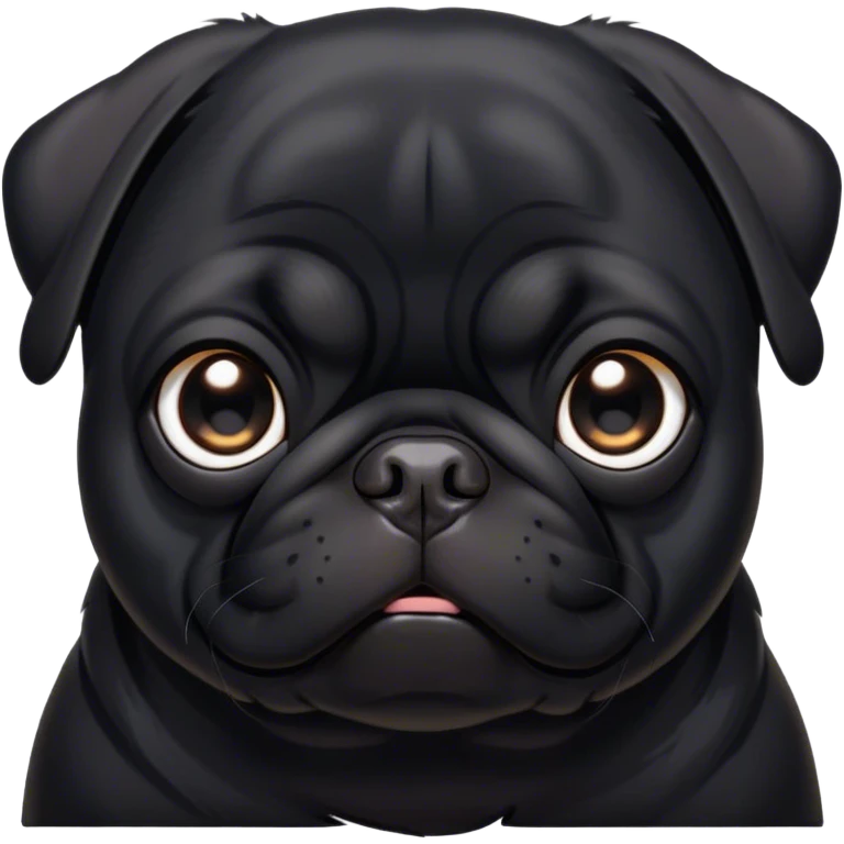 Cinematic Noble Black Pug Portrait Emoji, Poised and regal, with a compact, sturdy build and a sleek, shiny pure black coat, deep-set soulful dark eyes, Simplified yet sharp and sophisticated features, highly detailed, glowing with a soft, dignified glow, high shine, intelligent and spirited, stylized with an air of confidence, focused and attentive, soft glowing outline, capturing the essence of a watchful and commanding companion, so majestic it feels as though it could prance out of the screen with effortless authority! emoji