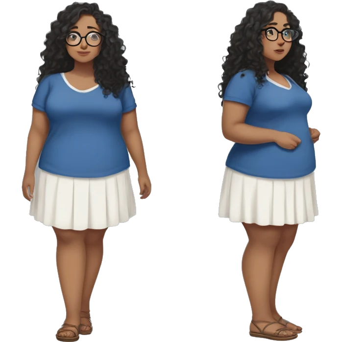 full length anime plus size girl in a blue sundress, glasses with big hazel eyes and white skin and curly black long hair and aristocratic high cheekbones emoji