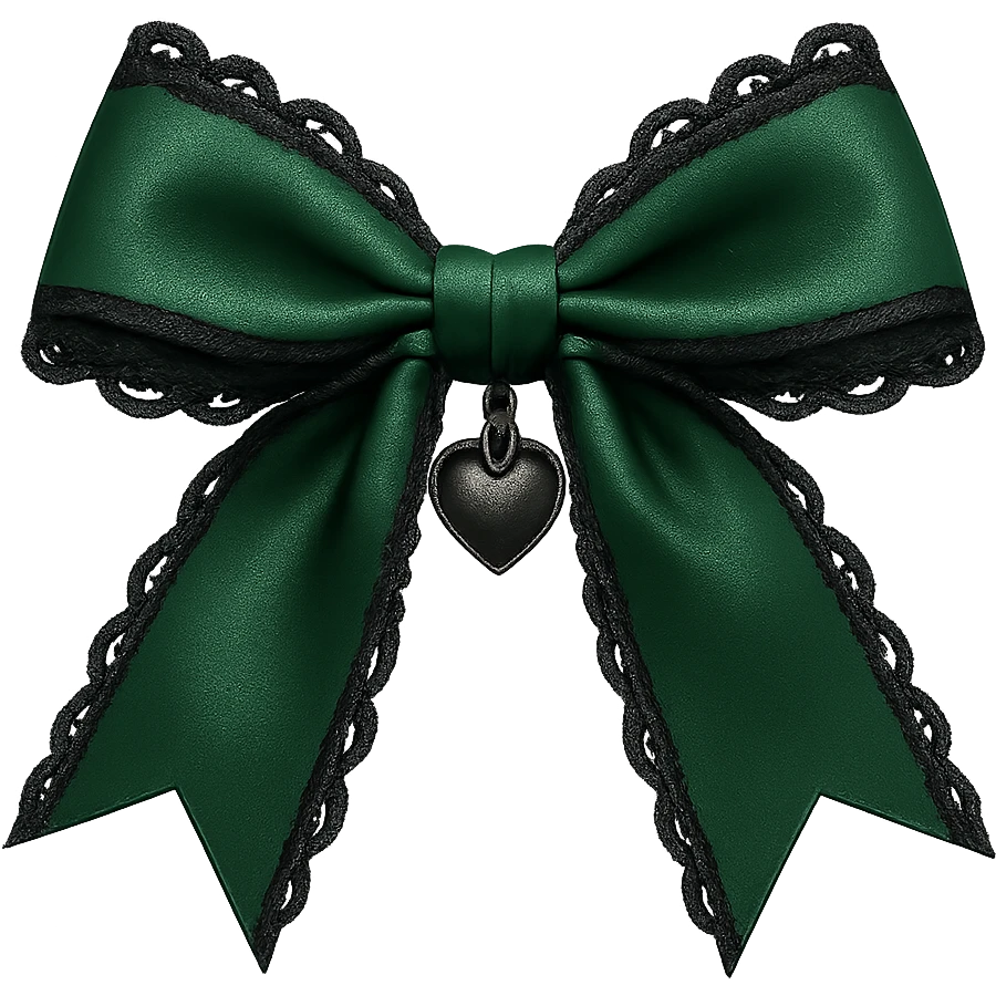 green gothic bow with black lace trim and heart charm, remove background emoji