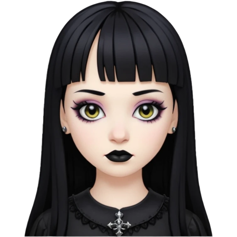 Faça uma moça de cabelo preto e micro franja pálida e com maquiagem gótica emoji