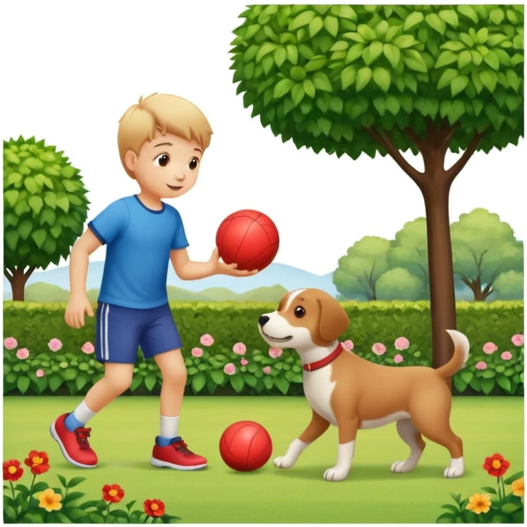 kid and dog playing with ball, garden background emoji