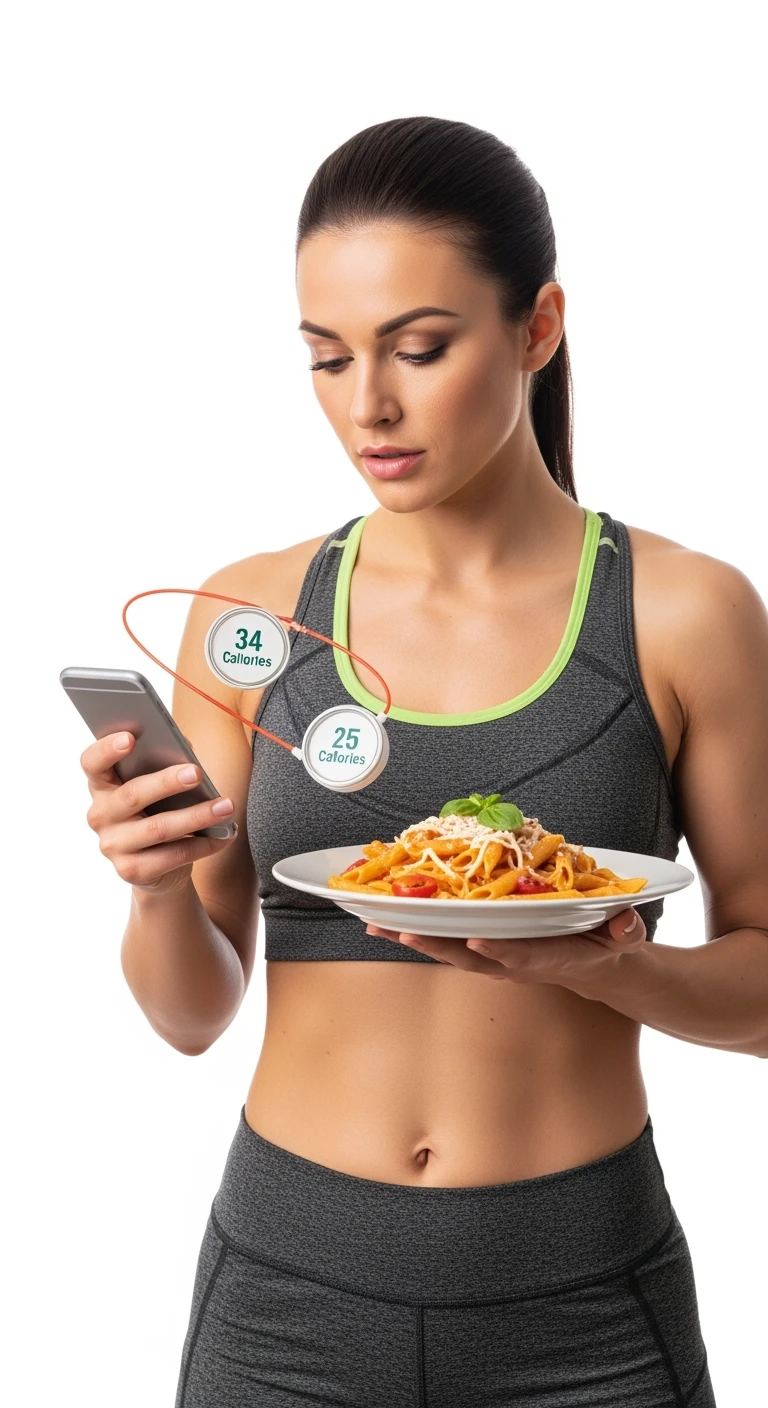 donna fitness che calcola ossessivamente le calorie di quello che sta mangiando: in mano ha un piatto di pasta e nell'altra mano ha lo smartphone per segnare tutti gli alimenti, sfondo bianco emoji