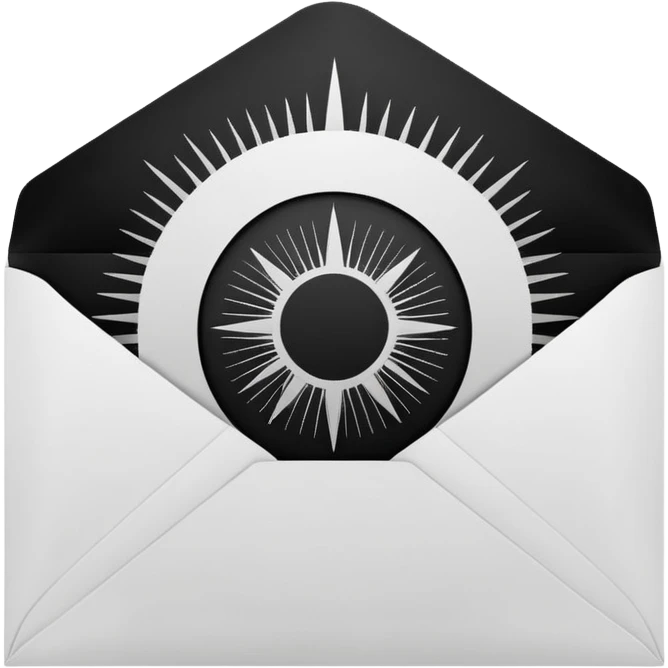Open envelope, centered, black interior with a bright circular core and radial engraved sunburst rays, pure black ink on pure white, stipple/crosshatch only, razor sharp --style raw --ar 1:1 --no gradient, gray, 3d, glossy, text emoji