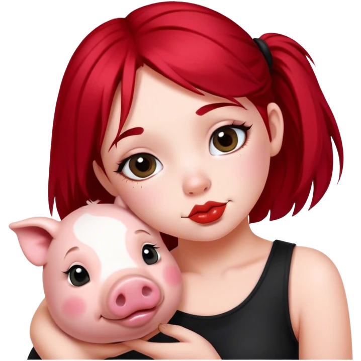 Girl with black and red hair split dyed down the middle. She is kissing a cute pig  emoji