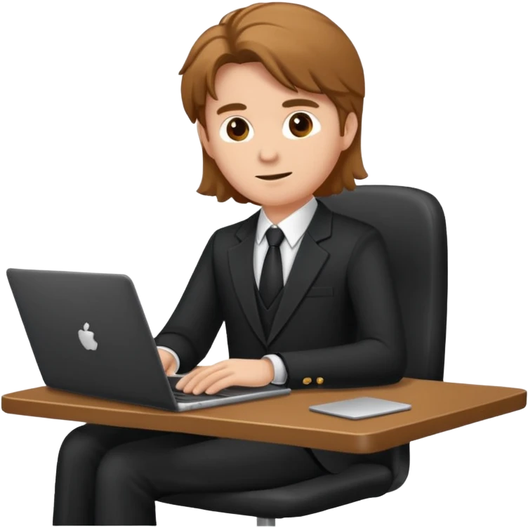 Mach mir einen Trader der in einem Schreibtischstuhl sitzt mit einem Laptop. vor sich am tisch. Aber er soll alleine sein. Mach ihn mit anzug und braunen haaren und määnlich emoji