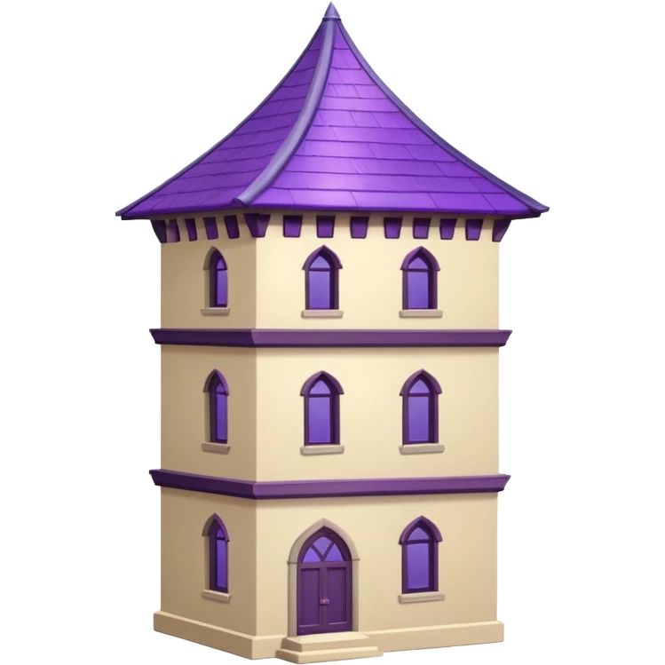 a single tall seclusion tower with large windows above, a purple roof and cream walls, and no entrance emoji