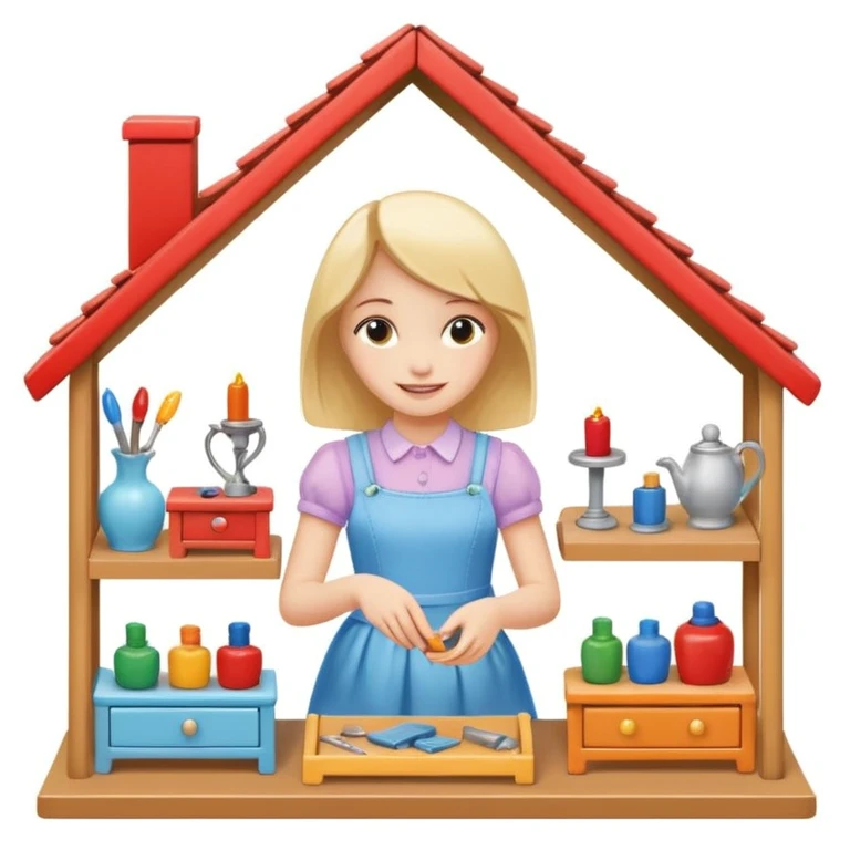 smiling girl arranging furniture in doll house emoji