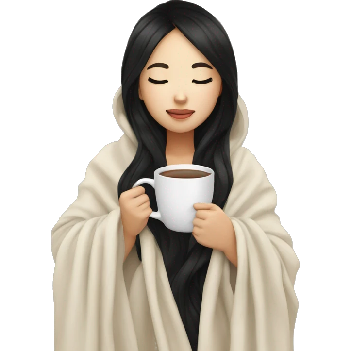 Asian girl inside a blanket sipping coffee eyes closed black hair emoji