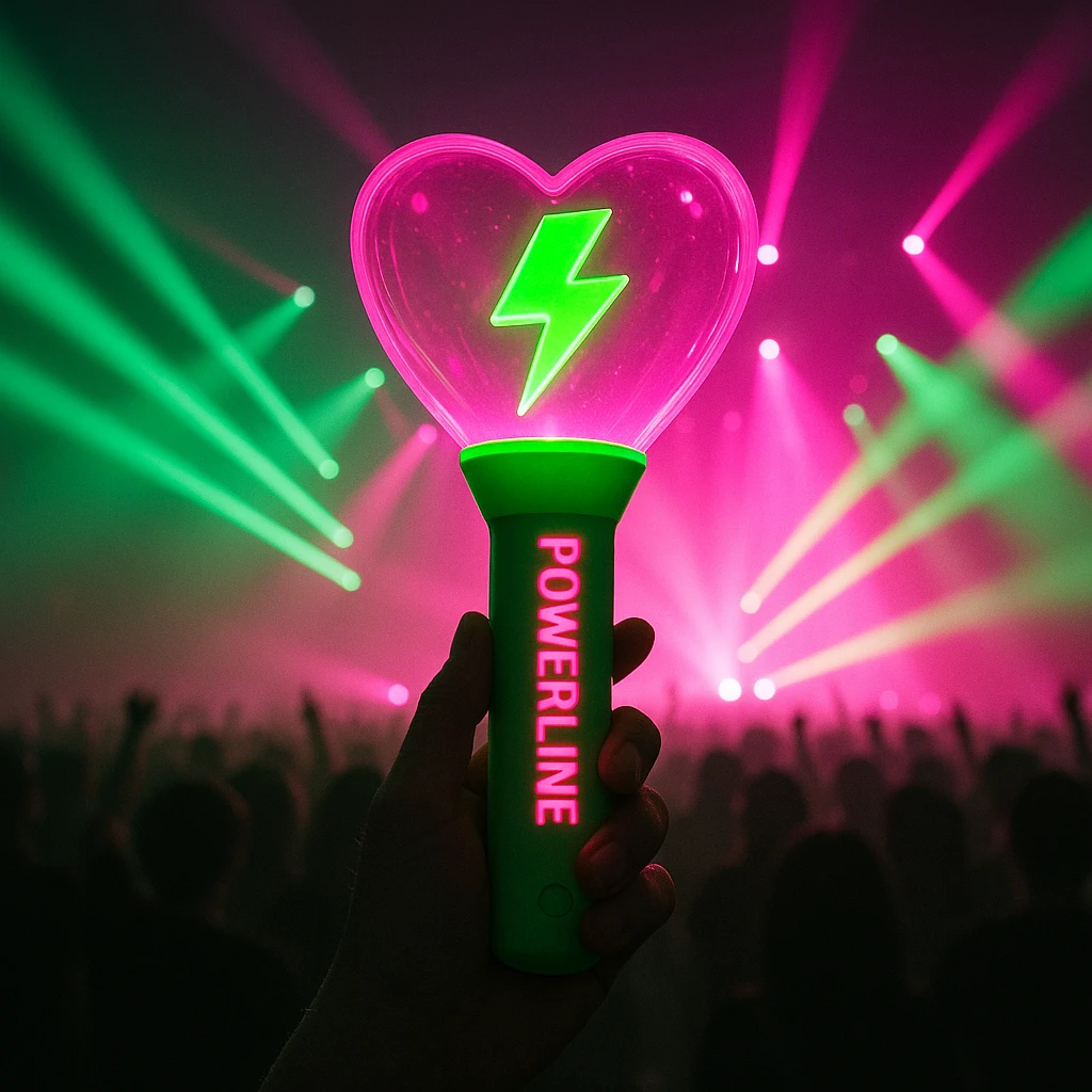 green and pink K-Pop lightstick with 'POWERLINE' on the handle, dramatic concert lighting, crowd silhouettes emoji