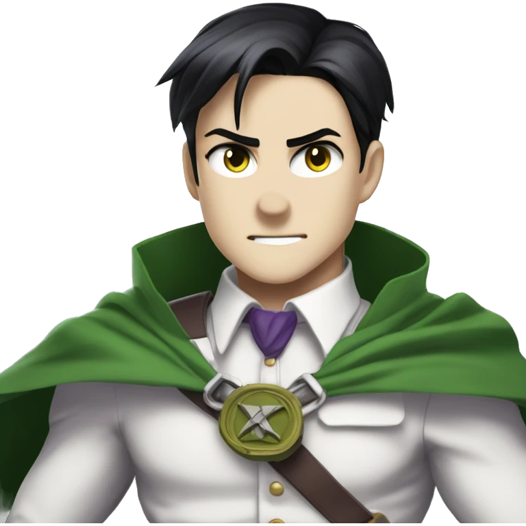 captain levi attack on titans emo black hair wearing a white button down shirt and a green cape saying short king in purple emoji