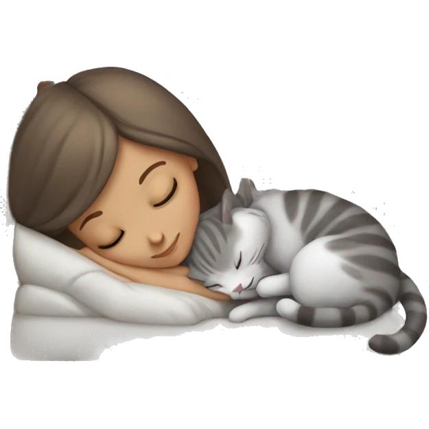 White girl brown hair sleeping with light grey kitty emoji