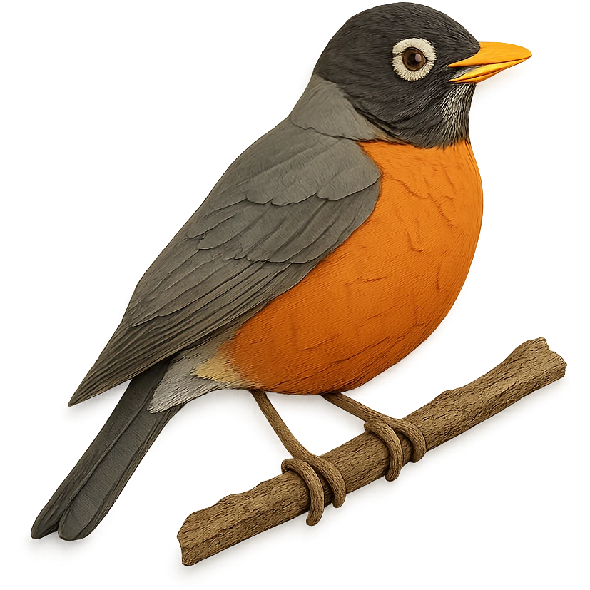 close-up of an American Robin perched on a tree branch, fine paper edges, naturalistic feather patterns, orange and gray colors emoji