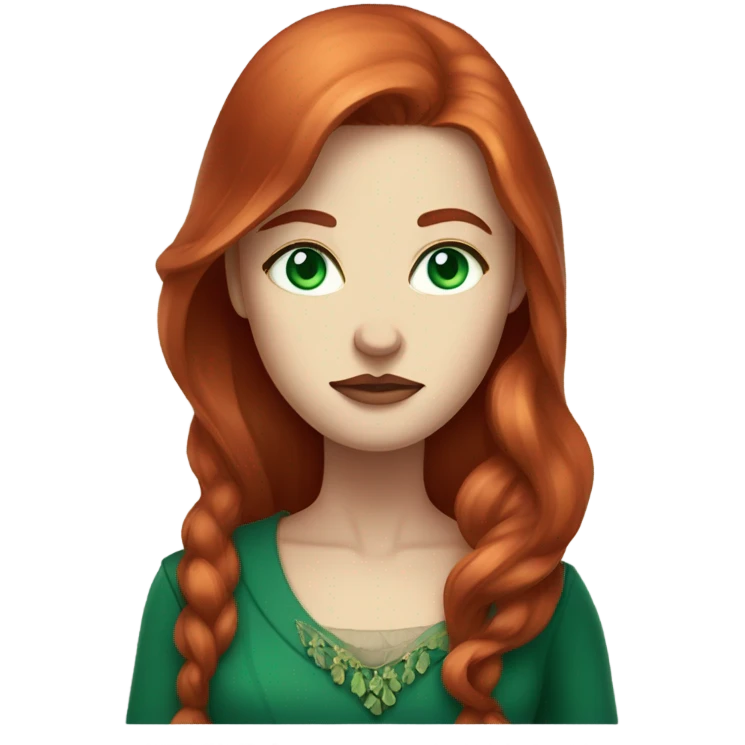 Rich woman, red long hair,  pale-skin, emerald blue-green-eyes,  scowling emoji