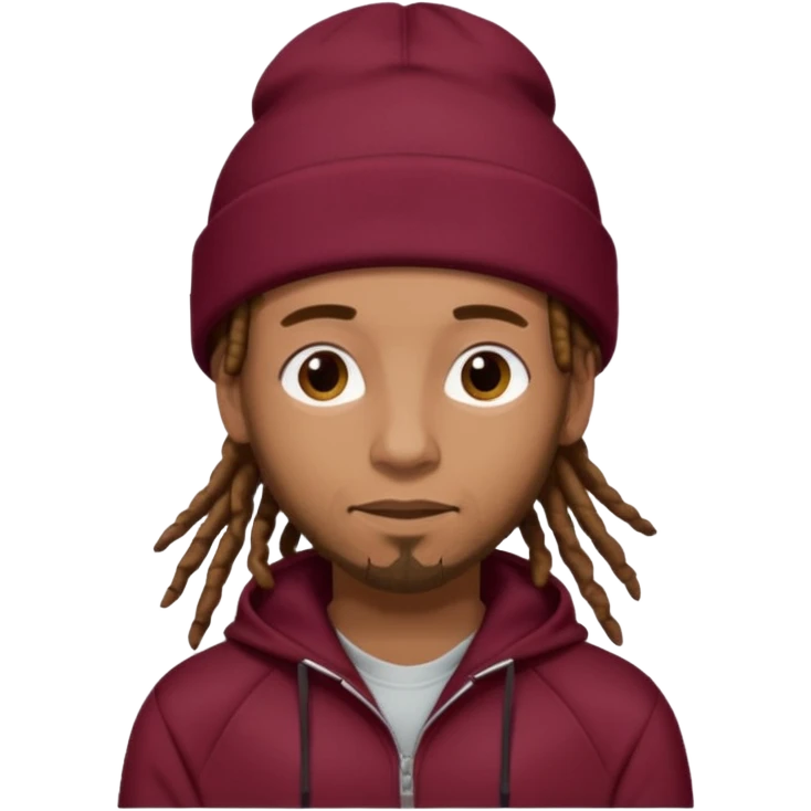 Animate a caramel skinned male with brown dreads and a tan colored  beanie. Wearing a burgundy tracksuit on with no beard  emoji