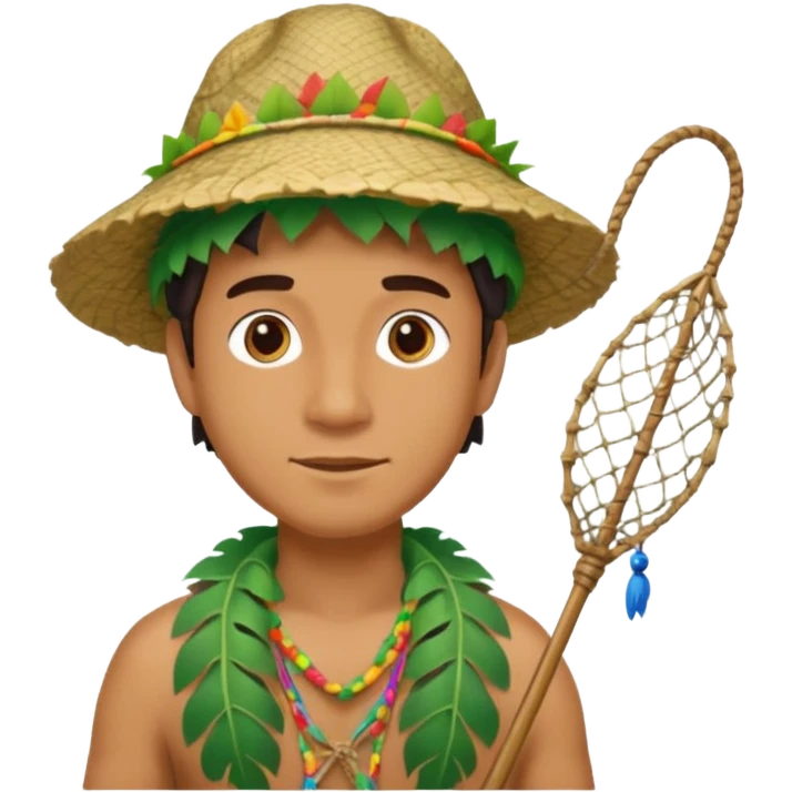 Hawaiian man with leaf hat and fishing net and colorful cloth emoji