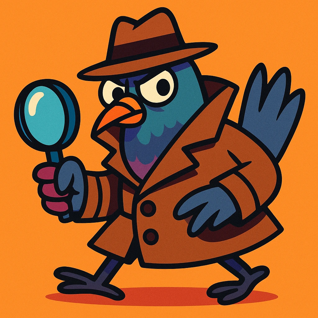 a cartoon pigeon with a trench coat and magnifying glass, looking sneaky, vibrant toon style emoji