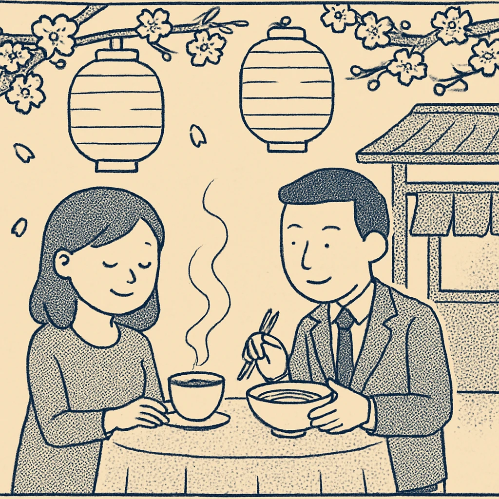 A romantic couple enjoying dinner at an outdoor Japanese street cafe, paper lanterns hanging above, steam rising from tea cups, cherry blossoms in the background emoji
