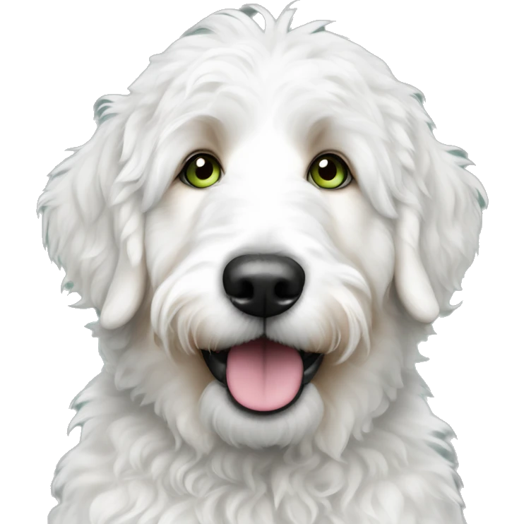 white bernedoodle with green spotted eyes emoji