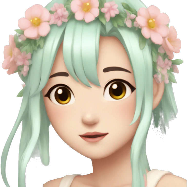 Shiny Gorgeous Pastel Anime Lady with blushing face and pretty hair with a flower crown aesthetic trending style emoji