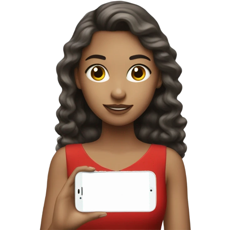 a light skin girl in red dress hold phone emoji