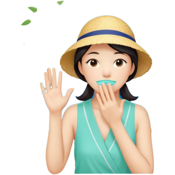 들뜬 표정의 20대 한국 여자, 여름 옷차림, 두 손으로 입을 감싸 “괌 가자~” 외치는 포즈. 민트색 배경, 밝고 유쾌한 광고 포스터 느낌,
휴양용 옷차림 emoji