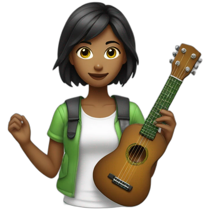 black-middle-length-haired-girl-with-white-tshirt-and-green-colored-ukulele emoji