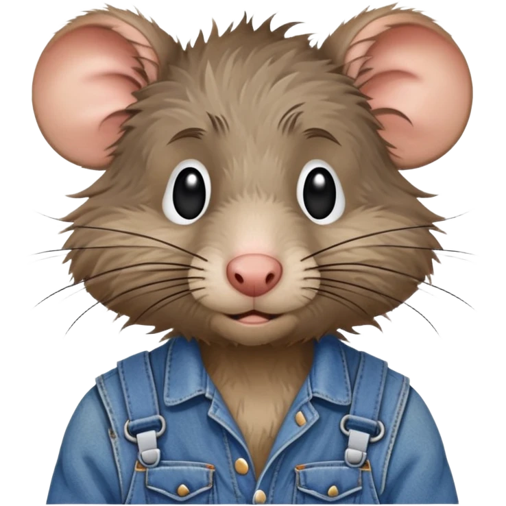 Disheveled rat wearing blue denim overalls, messy fur, looking tired and scruffy emoji