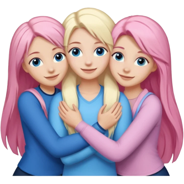 Girlfriend emoji - include 1 white girl with long light pink hair and blue eyes, one white girl with blue eyes and light blonde hair, and 2 white girls with brown eyes and long dark brown hair. They are smiling and hugging emoji